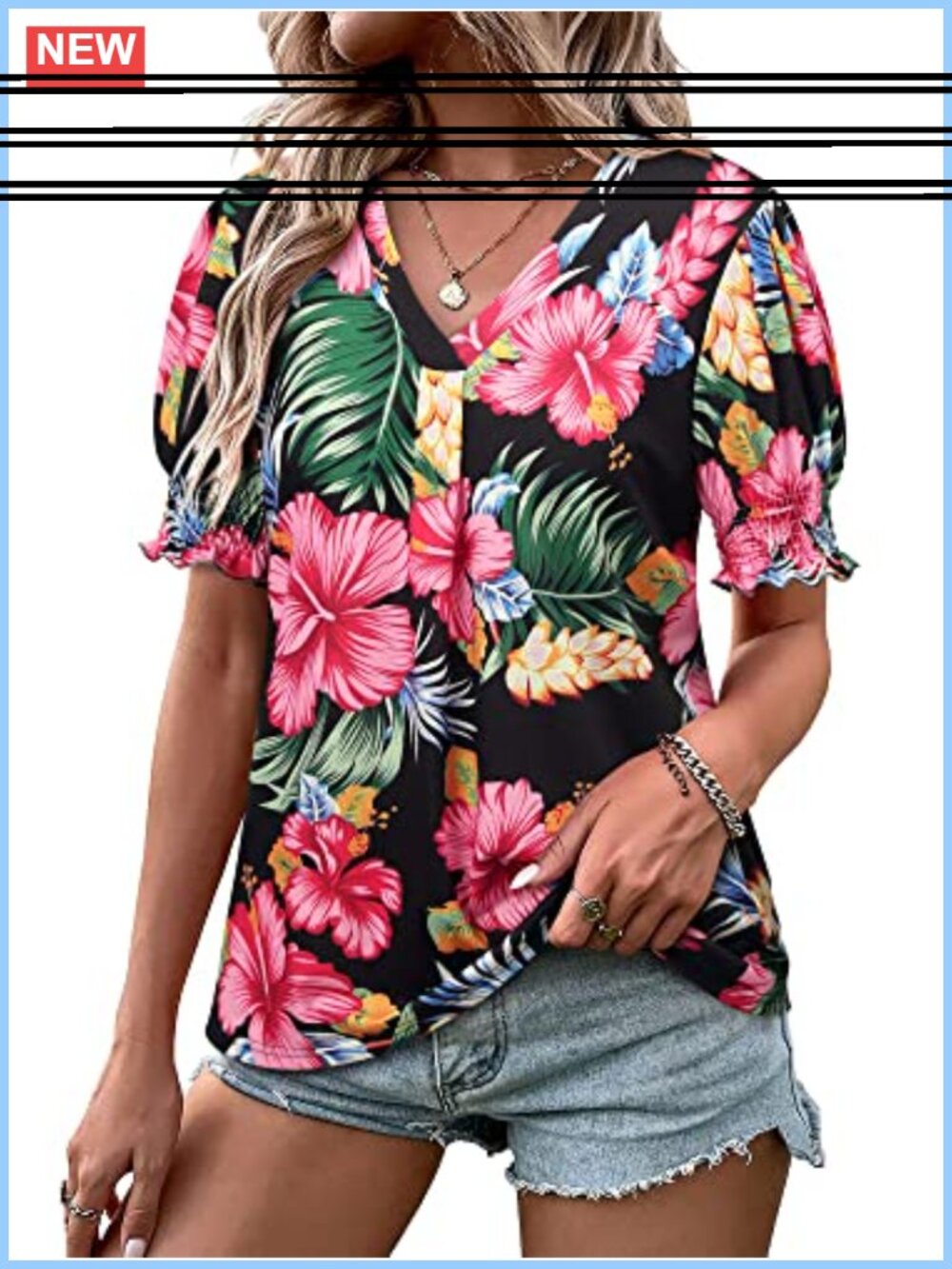 Women's Hawaiian Blouse Ruffle Short Sleeve Floral Tunic Top